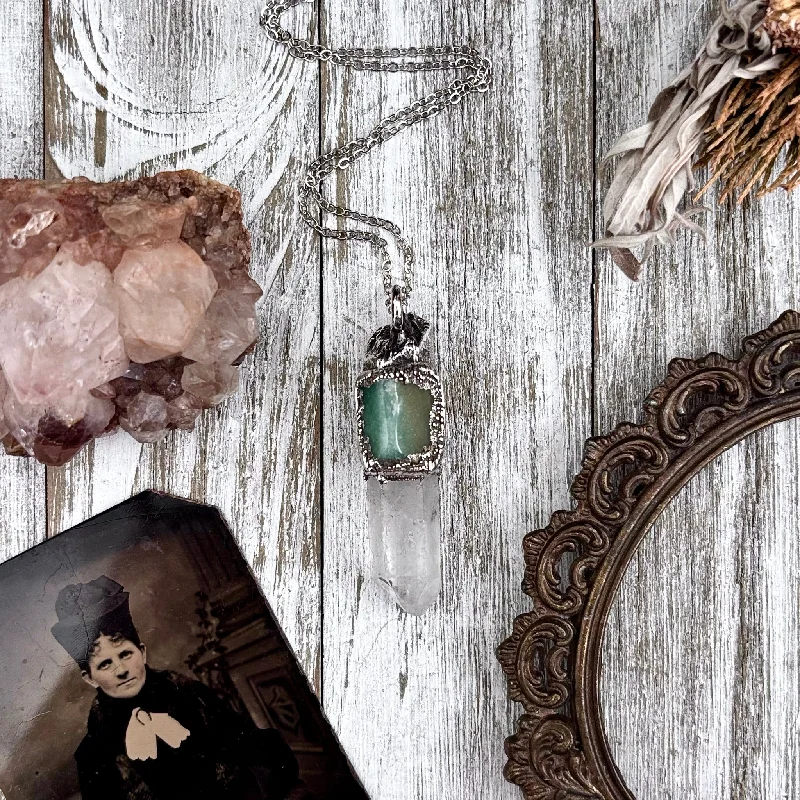 Stunning necklaces and pendants with chakra stones for healing and balance-Clear Quartz & Aventurine Crystal Statement Necklace in Fine Silver / Foxlark Collection - One of a Kind