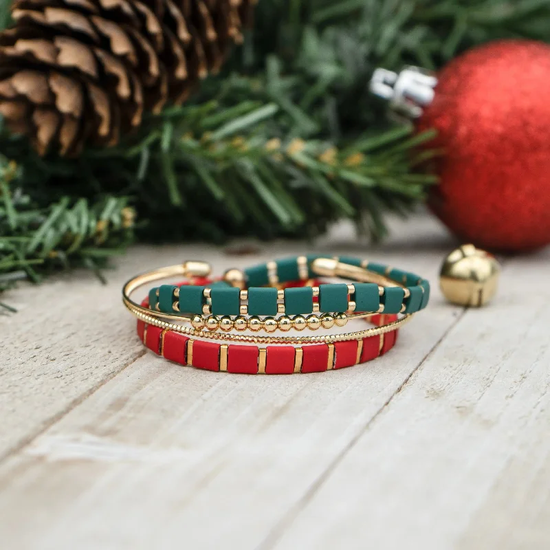 Bracelets with starburst topaz for radiant beauty -JINGLE - Red, Green & Gold Holiday Bracelet Stack