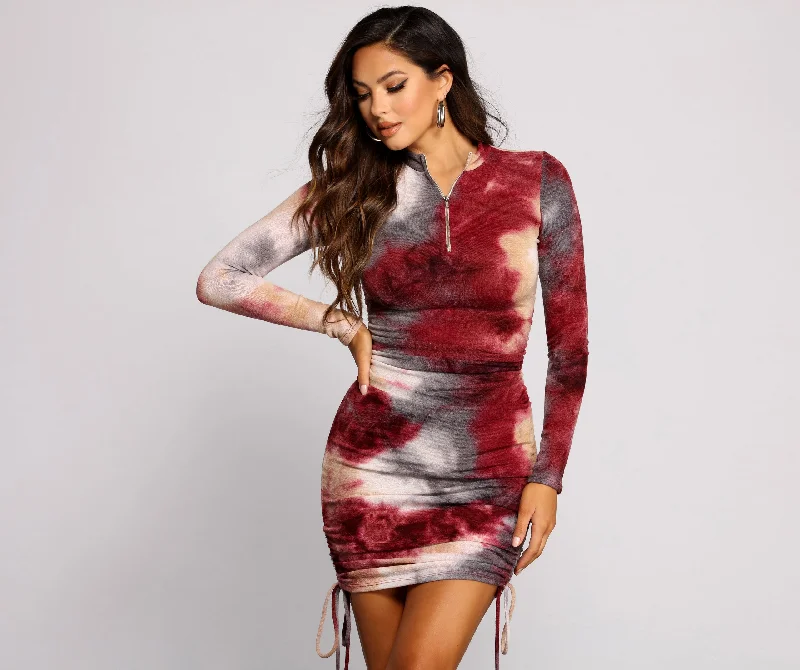 Zippered Dresses for Convenience -Keeping Knit Retro Tie Dye Ruched Mini Dress