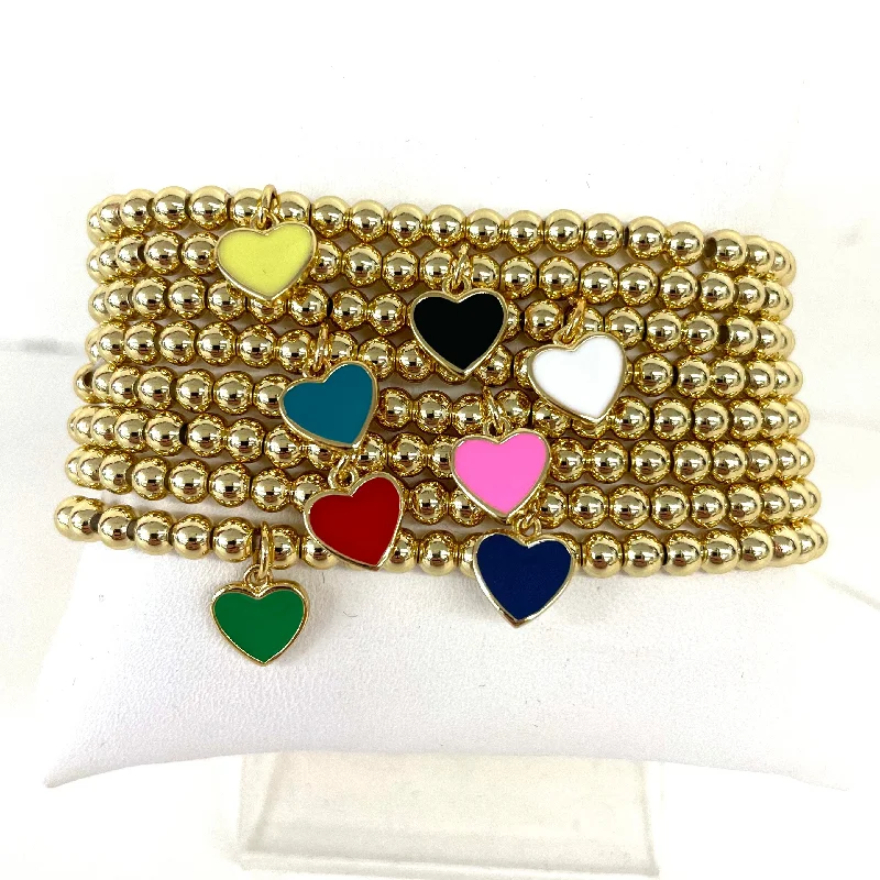 Bangles with peacock ore for iridescent glow -3MM Gold Beads With Enamel Heart Bracelets