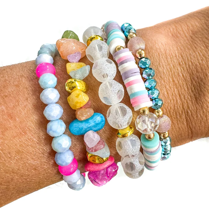 Bracelets with hematite for sleek metallic sheen -Light Blue, Pink, Yellow Spring Bracelet Stack