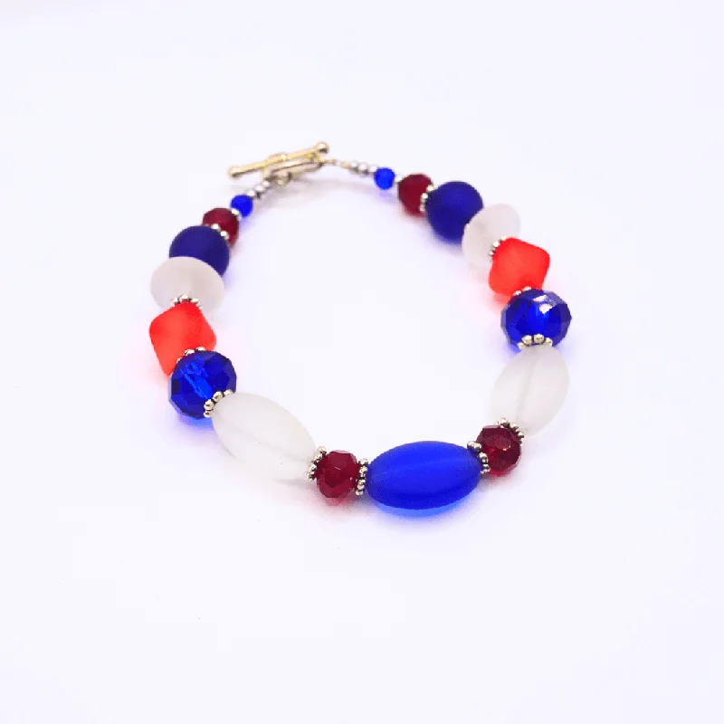 Silver bangles with polished mirror finish shine -Made in USA Red, White, and Blue Seaglass Bracelet