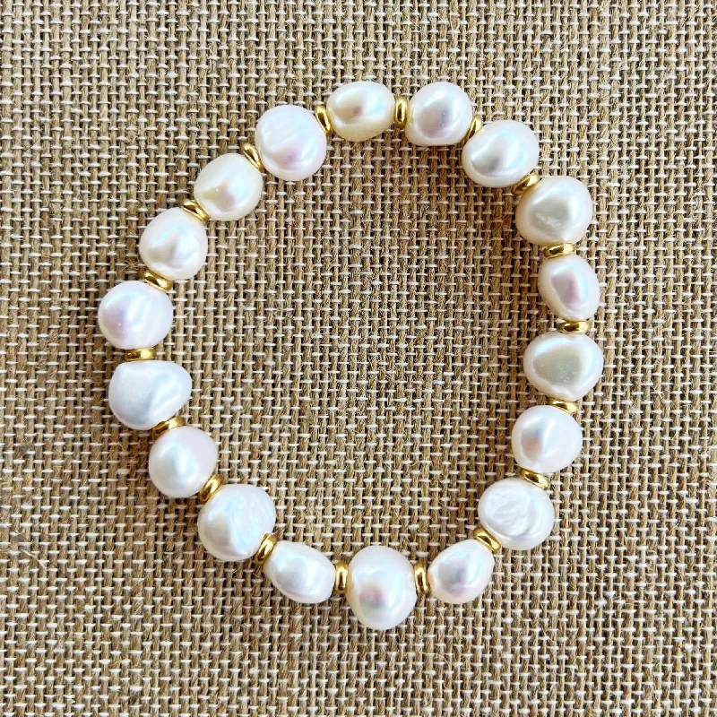 Bracelets with sleek topaz for icy shine -White Pearl with Gold Disks Stretch Bracelet