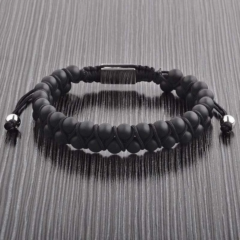 Silver bangles with polished mirror finish shine -CRUCIBLE MEN'S MATTE BLACK AGATE STONE BEADED ADJUSTABLE BRACELET