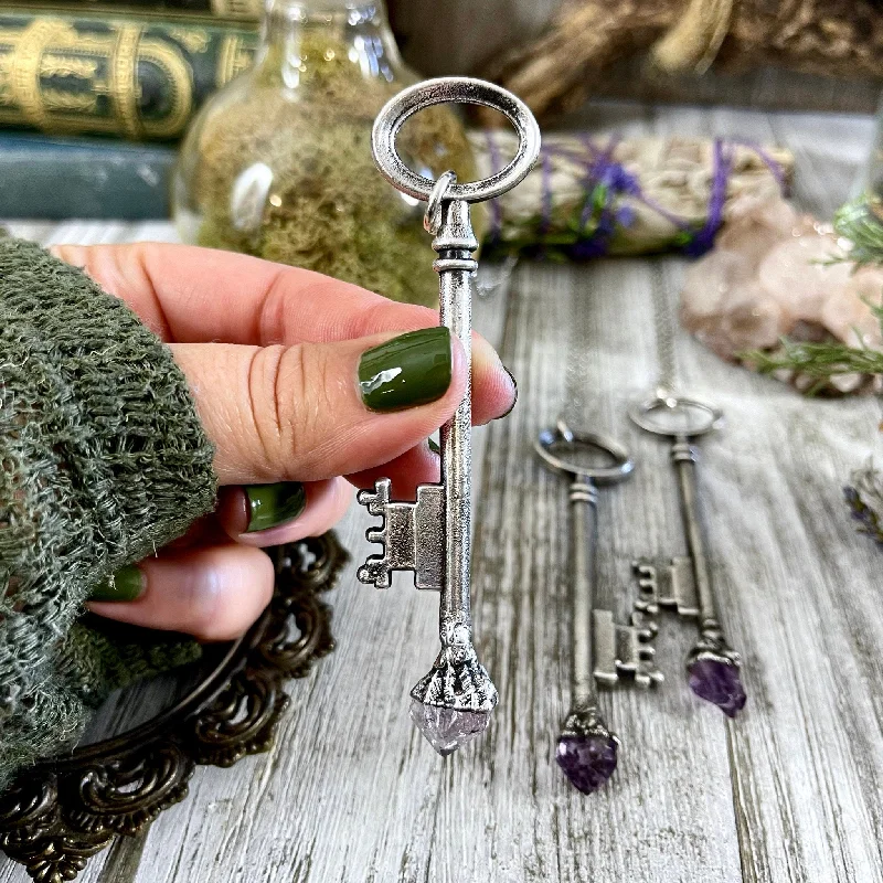 Necklaces and pendants with lotus flower designs for a spiritual, peaceful vibe-Raw Amethyst Crystal Vintage Skeleton Key Necklace Pendant in Fine Silver  / Foxlark Collection - One of a Kind