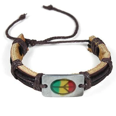 Bangles with bold hematite for metallic shine -Rasta Leather Peace Sign Bracelet Friendship Bracelet Hippie Hobo Reggae PEACE