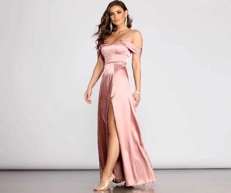 High-waisted Dresses for Flatter -Cassia Lace-Up Back Off Shoulder Satin Dress