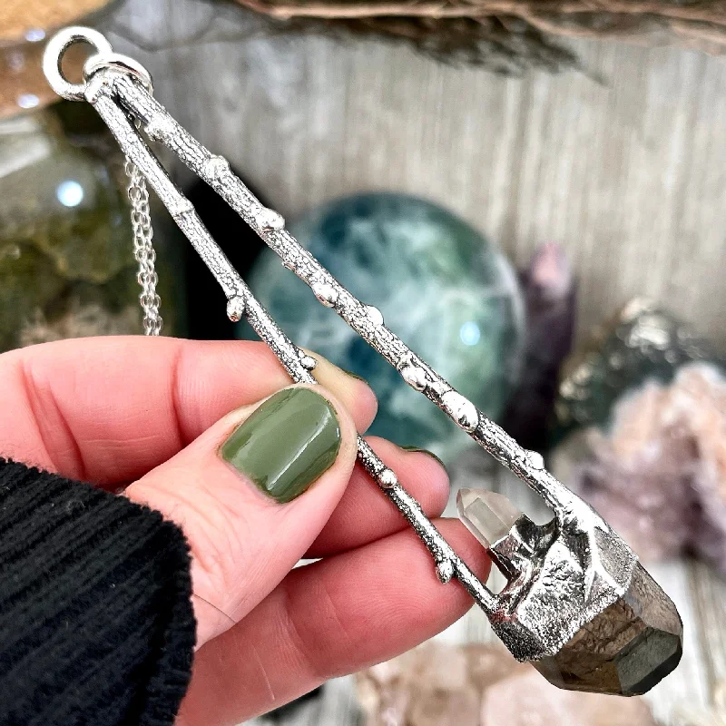 Personalized necklaces and pendants with coordinates for a meaningful location-based gift-Sticks & Stones Collection- Smokey Quartz and Clear Quartz Necklace in Fine Silver /