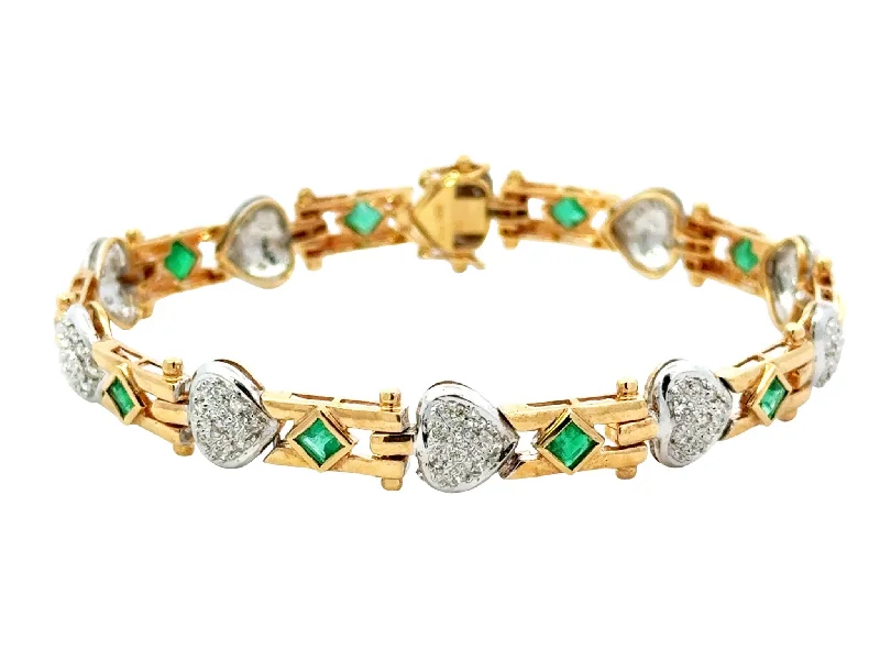 Bangles with vintage oxidized silver for charm -14k Yellow Gold Diamond Heart and Emerald Link Bracelet