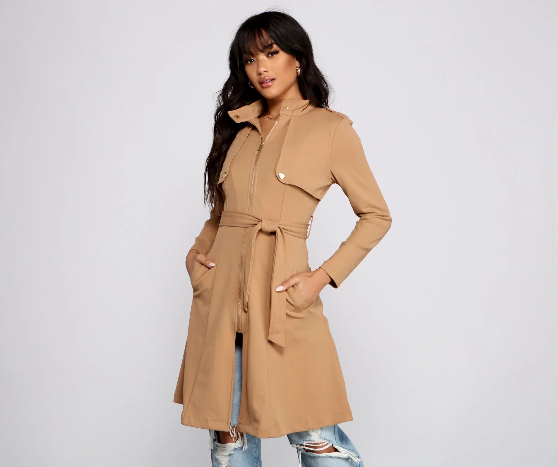 Blue Dresses for Classic -Belted Sophistication Crepe Trench Dress