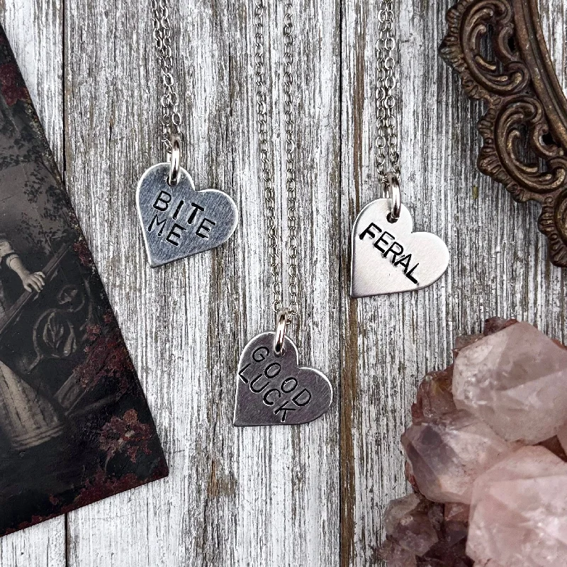 Best necklaces and pendants with vintage coin pendants for a unique accessory-Bitty Bangers - Custom Hand Stamped Necklace Bold Heart Shaped Jewelry, Personalized Funny Gift for Women /  Feral Necklace Bitch Necklace  Bite Me Necklace