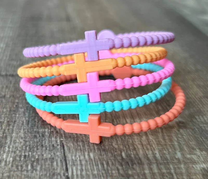 Bangles with tiger eye bands for warmth -Silicone Cross Bracelet Set of 5 in Pastel