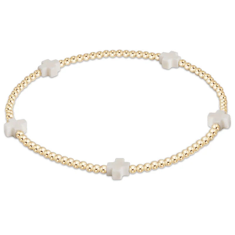 Bangles with blue quartz for cool tones -Signature Cross Small Gold Pattern 2mm Bead Bracelet - Off-White