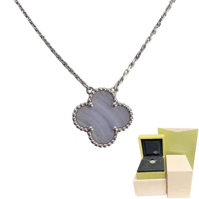 Best necklaces and pendants with seashell designs for a tropical, beachy vibe-Van Cleef & Arpels Vintage Alhambra 18k White Gold Chalcedony Necklace BOX CERT