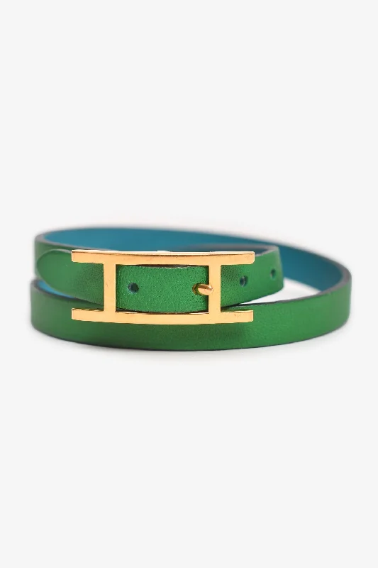 Bracelets with faceted aquamarine for sea glow -Hermès Green/Blue Leather 'Behapi Double Tour' Reversible Bracelet Size S