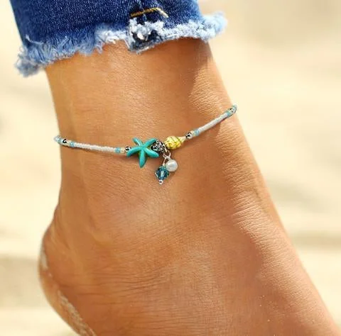 Silver bangles featuring vibrant turquoise stone inlays -Beach Beaded Starfish Anklet Ankle Bracelet