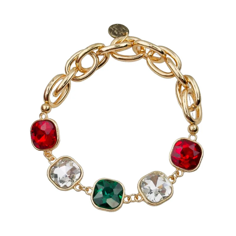 Bracelets with peridot stones for fresh green -Square Christmas color rhinestone and stretch gold tone curvy bracelet: Red