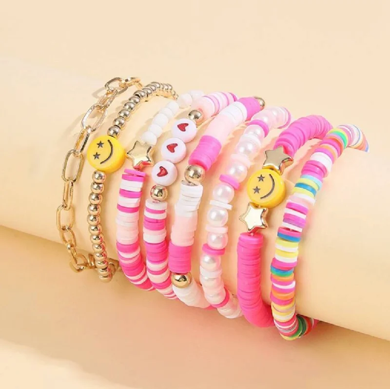 Bangles with aventurine gems for green luck -Smiley Colorful Fun Bracelet Set - Pink