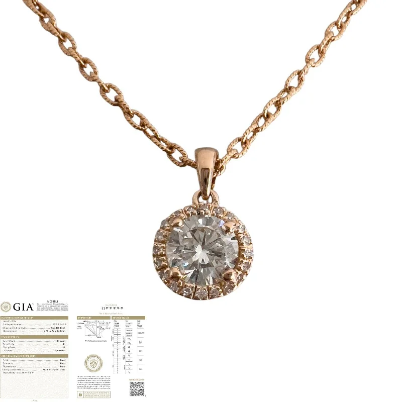 Trendy necklaces and pendants with statement pieces for a bold fashion statement-14k Rose Gold GIA K I1 1.02ct Diamond Halo Pendant Necklace 0.15ctw 16"