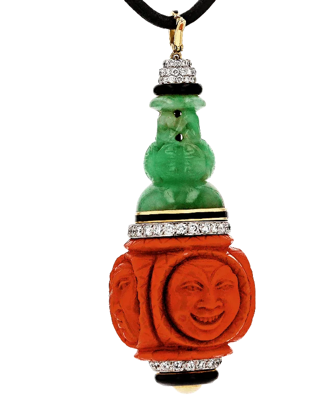 Best necklaces and pendants with intertwined designs for a symbol of unity-David Webb Carved Jade, Coral and Diamond Pendant