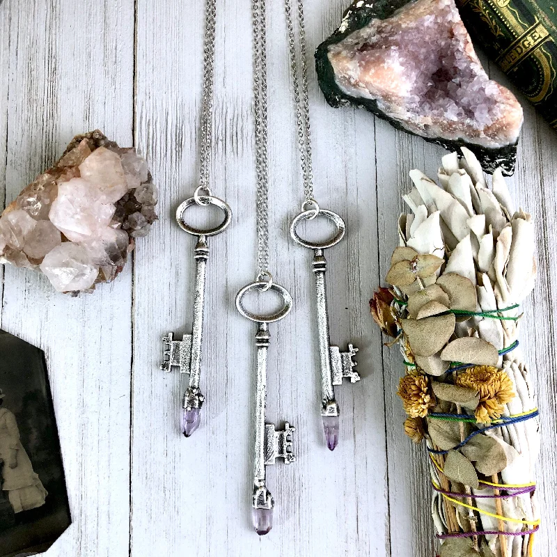 Simple necklaces and pendants with tiny charms for a delicate and casual vibe-Raw Vera Cruz Amethyst Crystal Vintage Skeleton Key Necklace Pendant in Fine Silver  / Foxlark Collection - One of a Kind