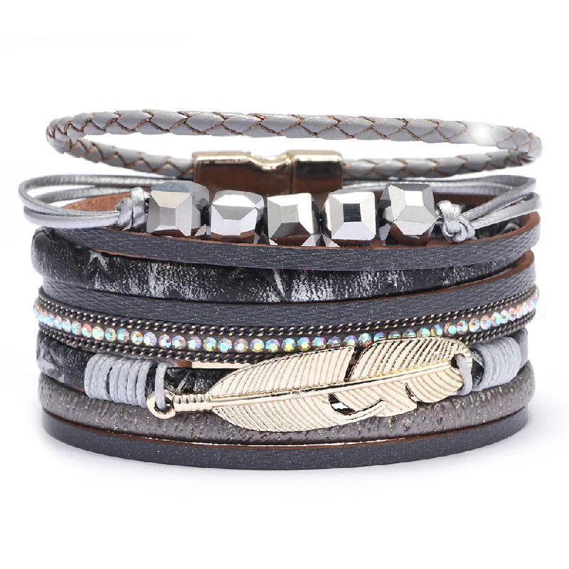 Bangles with claw-set stones for security -STEEL MAGNOLIA - Leather Accent Bracelet