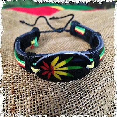 Bracelets with amethyst stones for purple charm -Rasta Leather Wrist Cuff Canna Weed Leaf Emblem Wrist Bracelet Bob Reggae IRIE