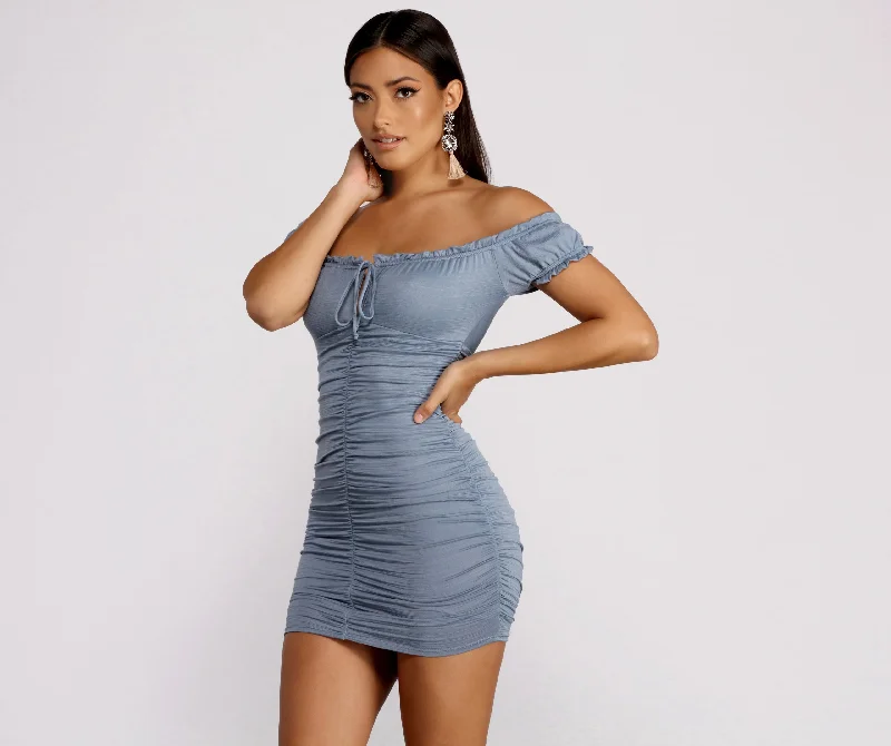 Strapless Dresses for Glamorous -Oh So Dainty Ruffle Trim Off Shoulder Ruched Mini Dress