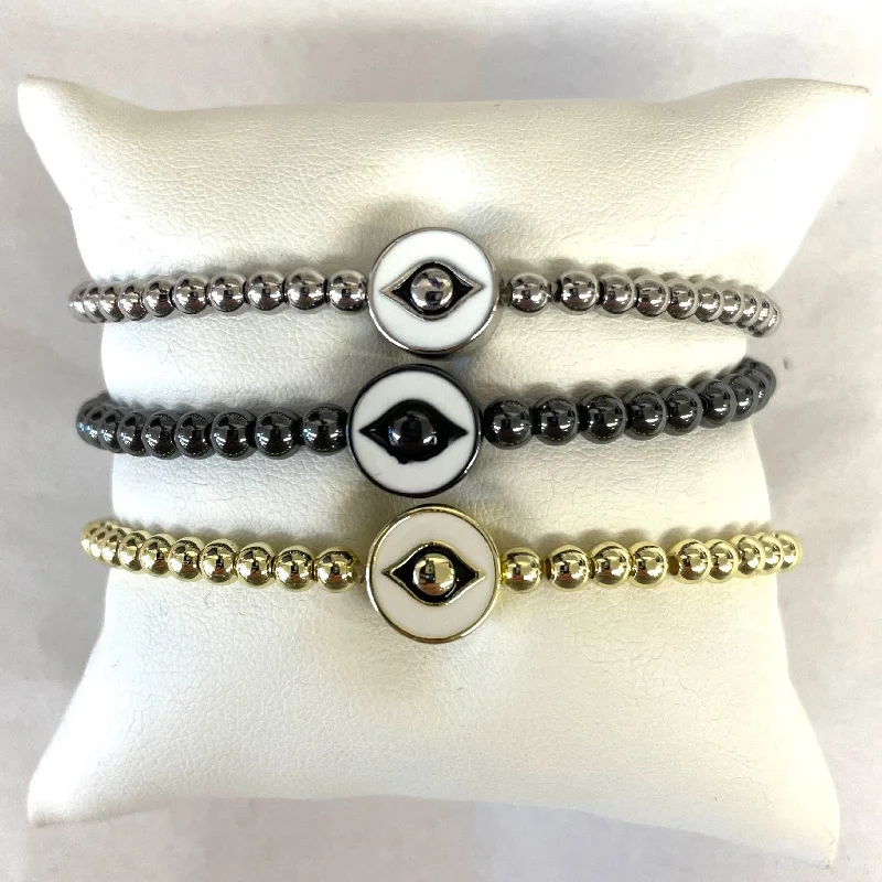 Bangles with bold hematite for metallic shine -4MM Stretch Enamel Evil Eye Bracelets