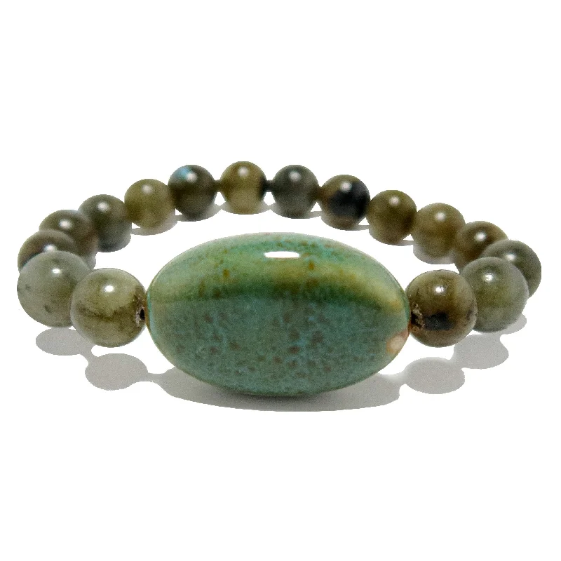 Bracelets with fluorite stones for rainbow hues -Labradorite Bracelet Blue Oval Ceramic Mirror