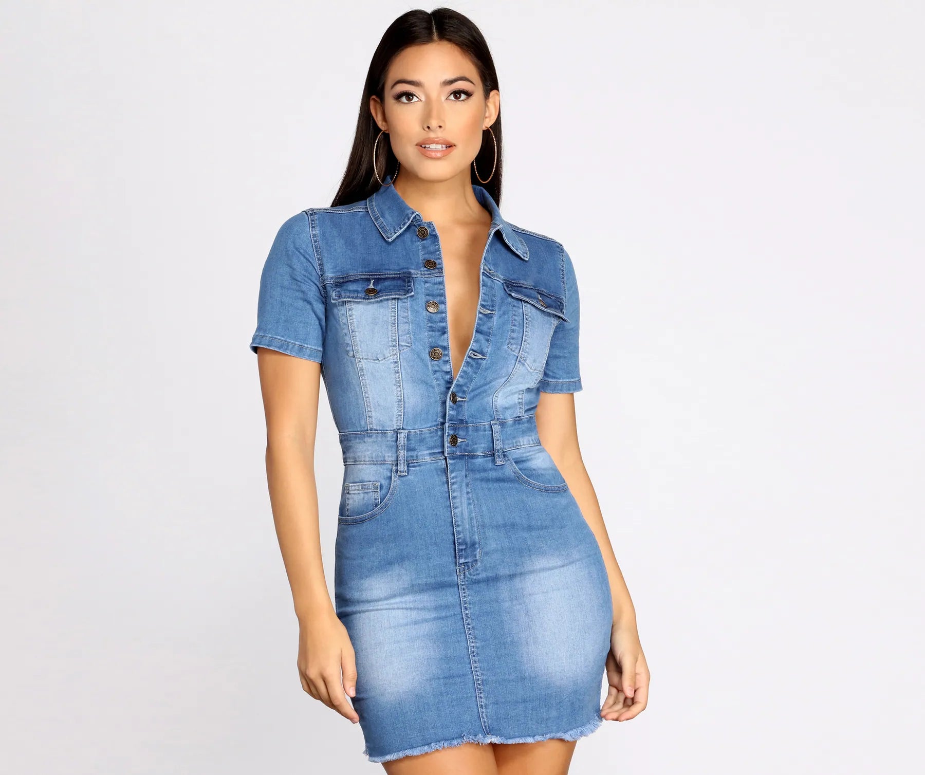 Polyester Dresses for Durable -Button Up In Denim Frayed Dress