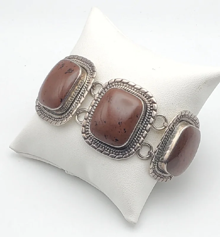 Bracelets with garnet stones for deep red -Large Sterling Silver Polished Mahogany Obsidian Bracelet - 8"