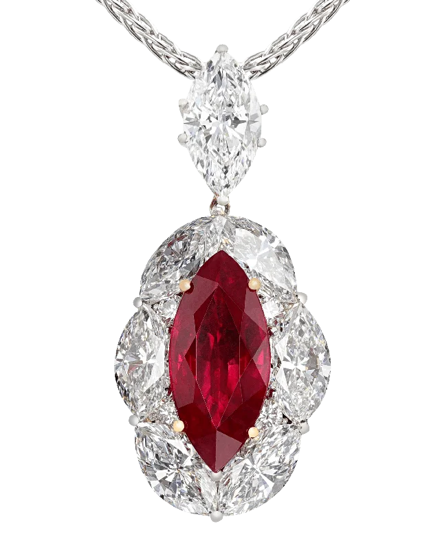 Necklaces and pendants with lock and key designs for a symbolic gesture-Marquise Burma Ruby Necklace, 5.04 Carats