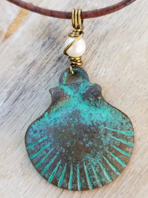 Layered necklaces and pendants for a trendy and fashionable stacked look-Verdigris Scallop Shell Necklace