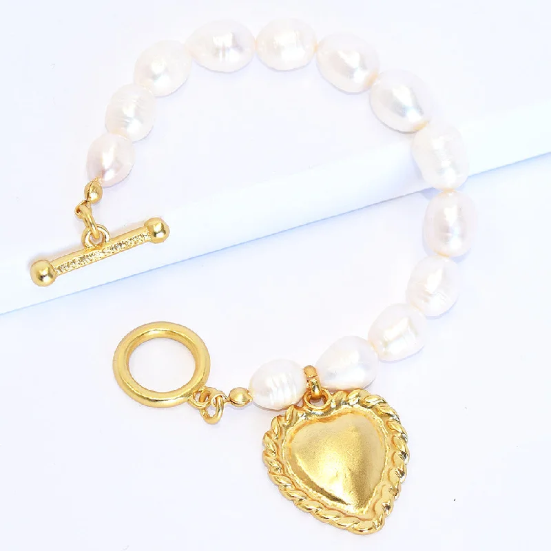 Bangles with personalized initial charm engravings -Karine Sultan Water Pearl Strand Bracelet With Heart Charm B72703