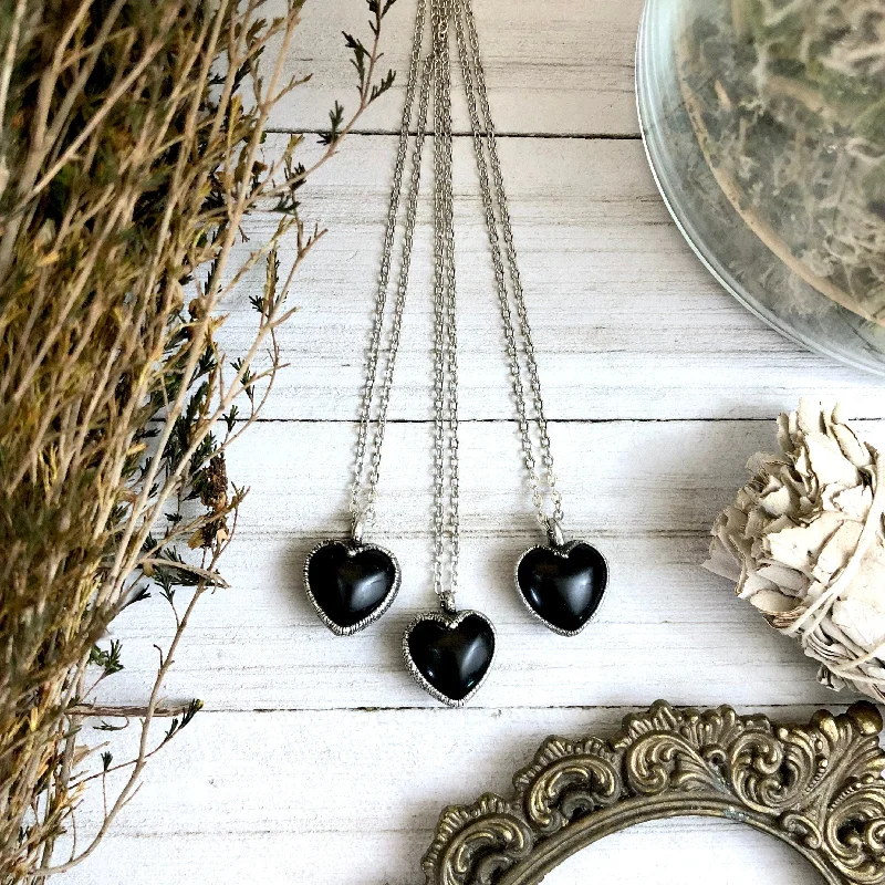 Best necklaces and pendants with silver chains for a sleek, timeless look-Obsidian Necklace in Silver Dainty Crystal Heart Necklace Pendant / Foxlark Collections