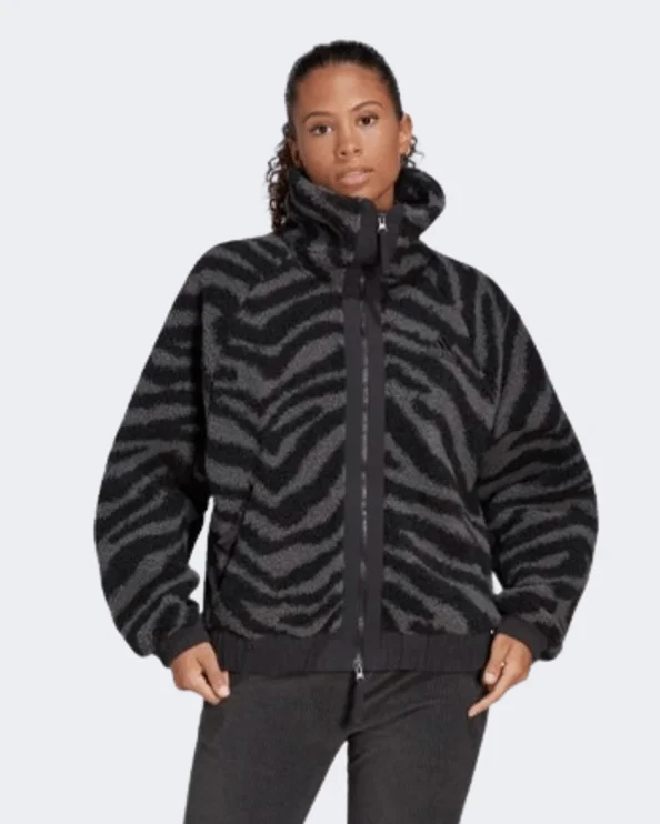 Yoga Jackets for Relaxation -Adidas Hyperglam Fleece Zebra Women Sportswear Jacket Black/Grey Hy1030