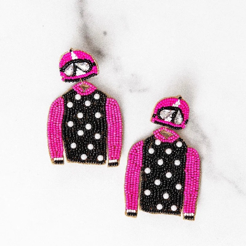 Sequined Jackets for Sparkle -Pink and Black Jockey Jacket Earrings