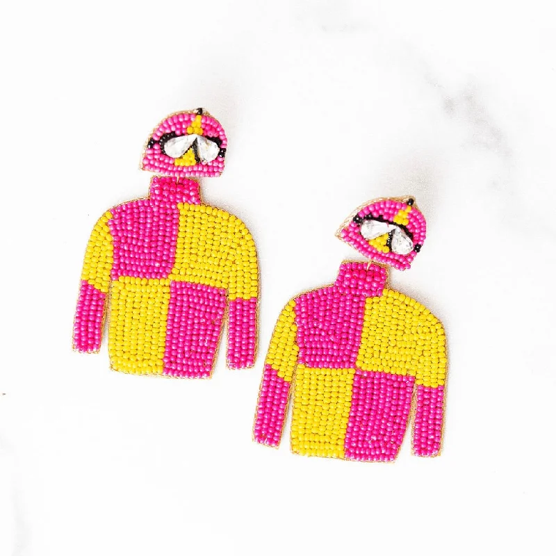 Fringed Jackets for Bohemian -Pink and Yellow Jockey Jacket Earrings