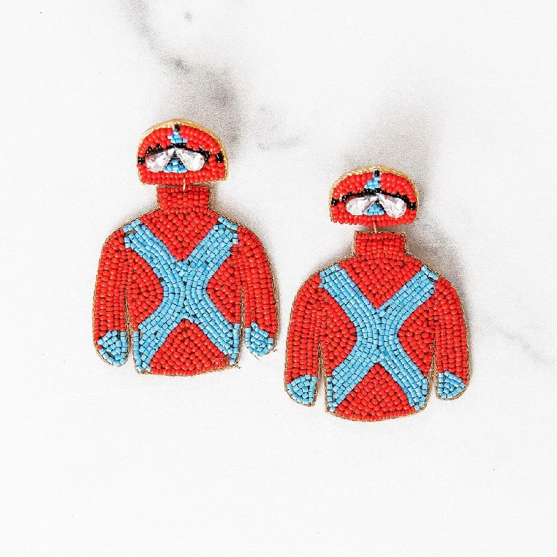 Embroidered Jackets for Detail -Red and Blue Jockey Jacket Earrings