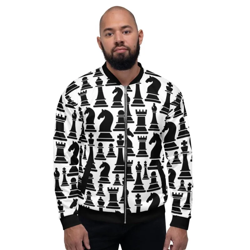 Patchwork Jackets for Unique -Mens Jacket - Black And White Chess Style Bomber Jacket