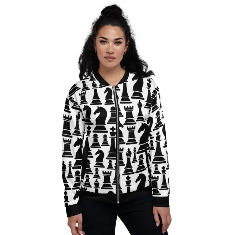 Logo Printed Jackets for Branding -Womens Jacket - Black And White Chess Style Bomber Jacket