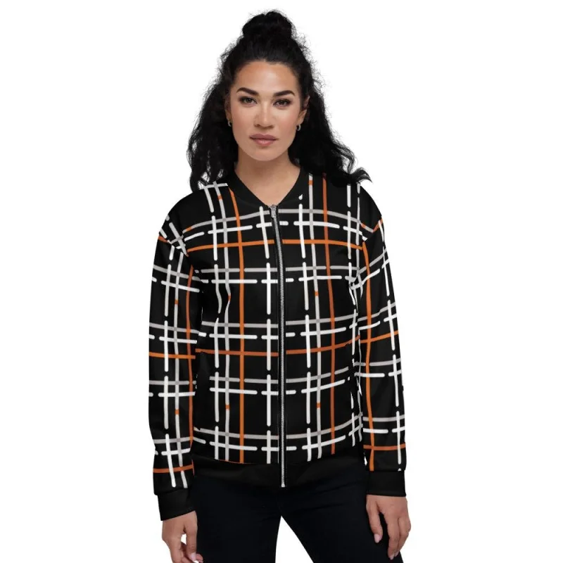 Leather Jackets for Stylish Look -Womens Jacket - Black And Orange Tartan Style Bomber Jacket