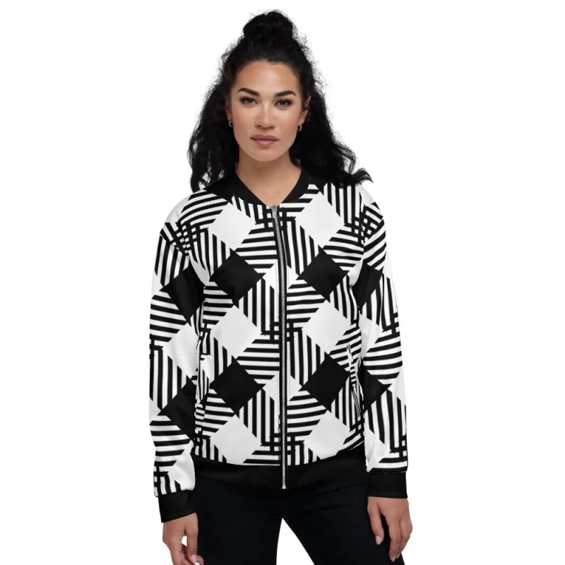 Windbreaker Jackets for Windy Days -Womens Jacket - Black and White Grid Style Bomber Jacket