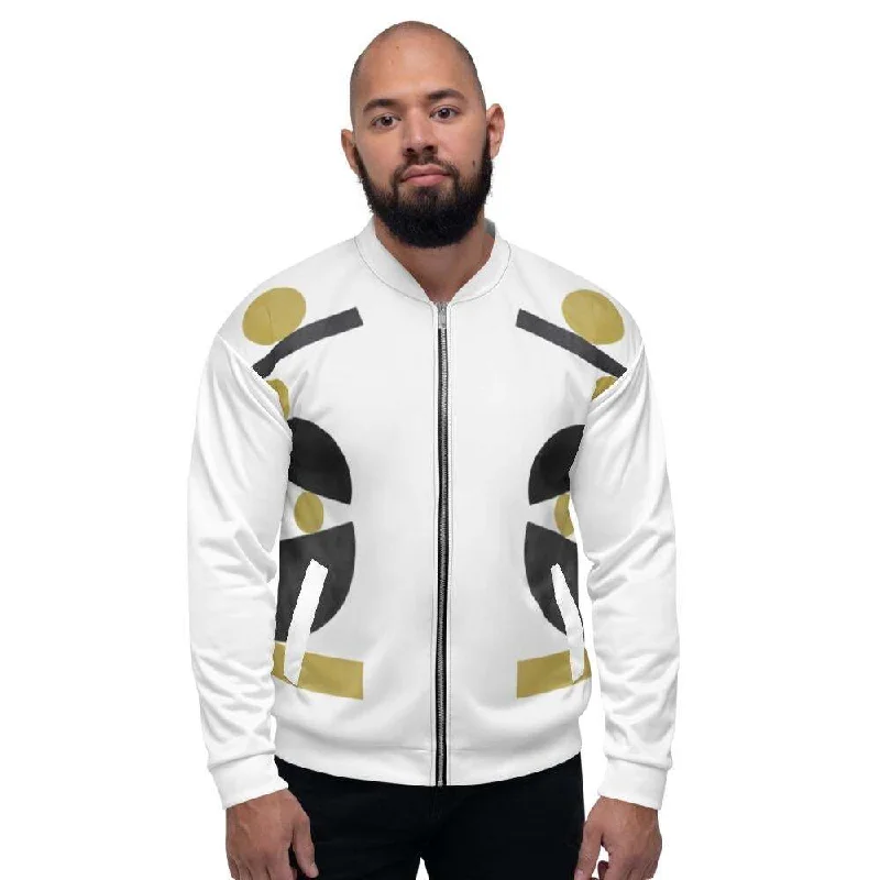 Down Jackets for Cold Protection -Mens Jacket - Retro Geometric Style Bomber Jacket White/Beige