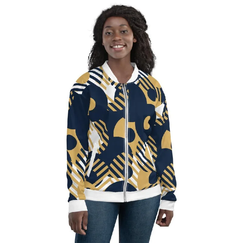 Hooded Jackets for Added Coverage -Womens Bomber Jacket, Blue & Gold Geometric Style