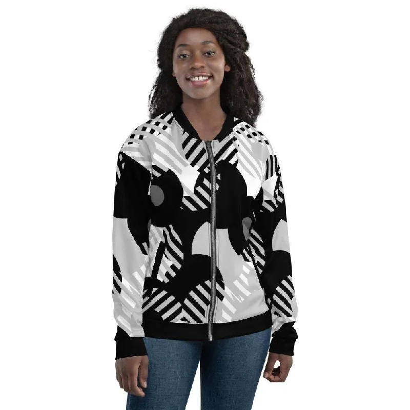 Button-Up Jackets for Traditional -Womens Bomber Jacket, Black & Grey Geometric Style