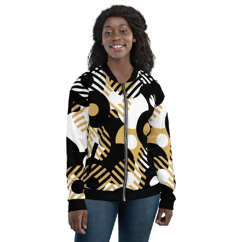 Quilted Jackets for Fashionable -Womens Bomber Jacket, Black & Gold Geometric Style