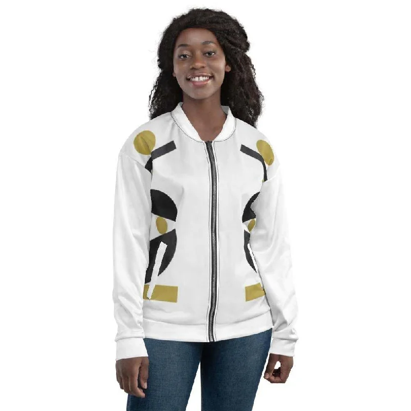 Padded Jackets for Extra Warmth -Womens Bomber Jacket, White & Gold Geometric Style