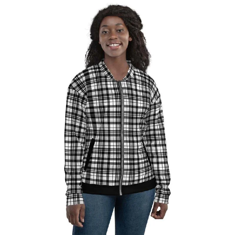 Lightweight Jackets for Easy Carry -Womens Bomber Jacket, Black & White Plaid Style